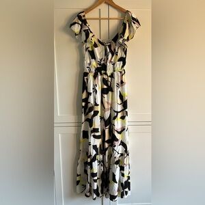 Nine West Multicolor Abstract Lined Maxi Tiered Dress Flutter Sleeves Sz Small
